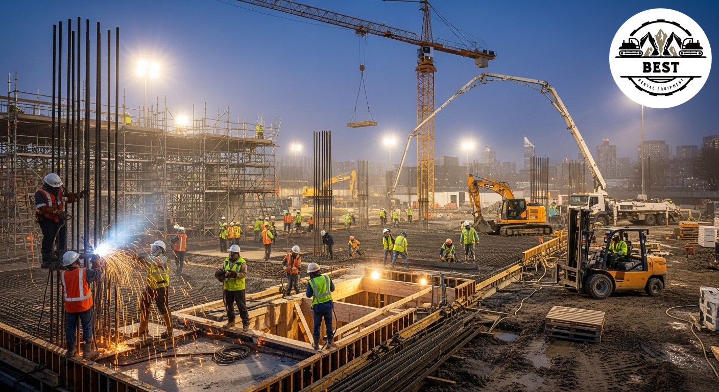Construction site showing multiple trades
