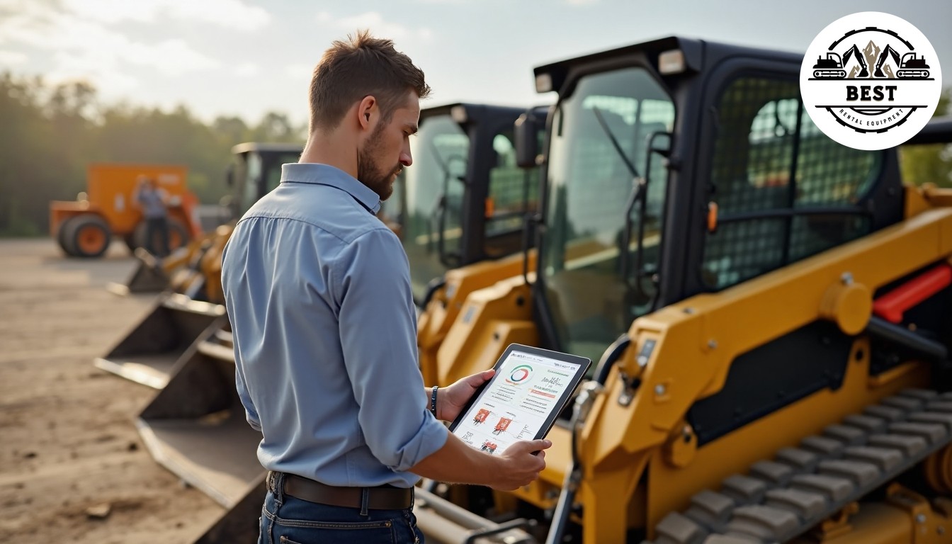 Knowledgeable rental expert pointing to different machine specifications on tablet while standing next to telehandler, organized equipment yard background, natural daylight