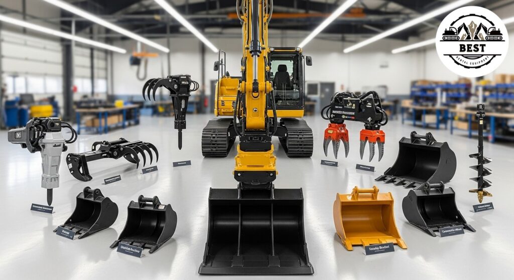 Excavator base unit surrounded by various specialized attachments