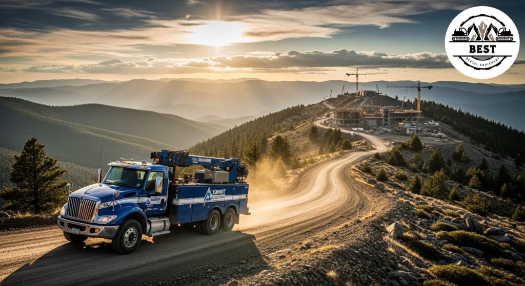 Service truck navigating rural mountain road