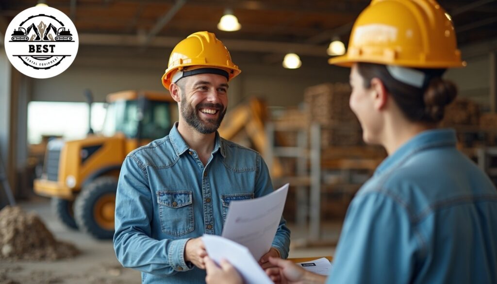 Happy contractor receiving discount paperwork at construction equipment rental counter
