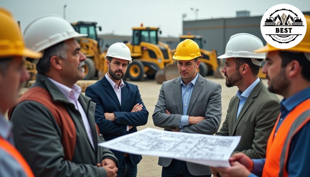 Diverse group of contractors examining equipment options at rental yard