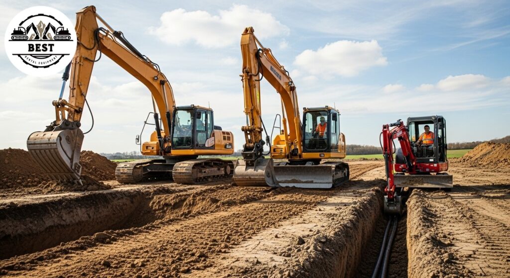 Three different sized excavators