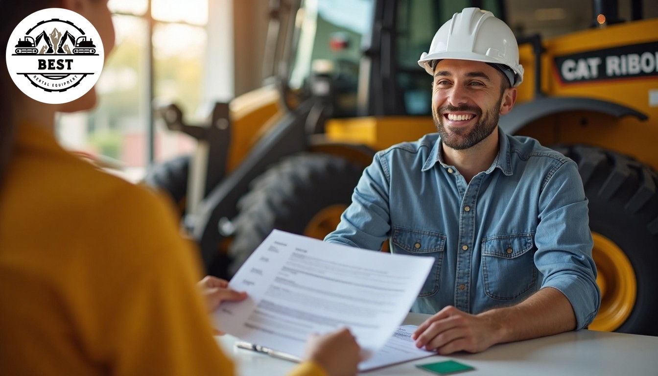 Happy contractor receiving discount paperwork at construction equipment rental counter
