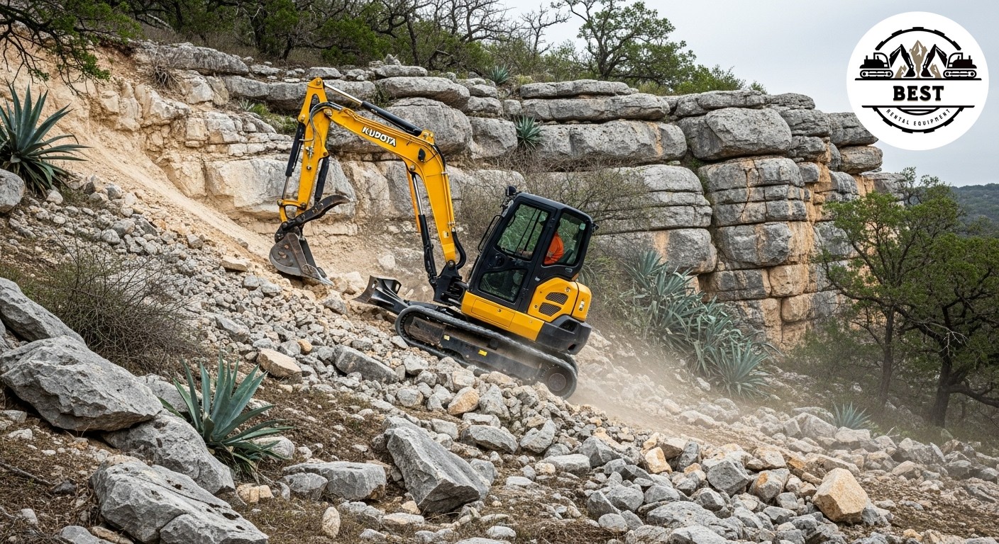 Compact tracked excavator navigating a rocky limestone slope