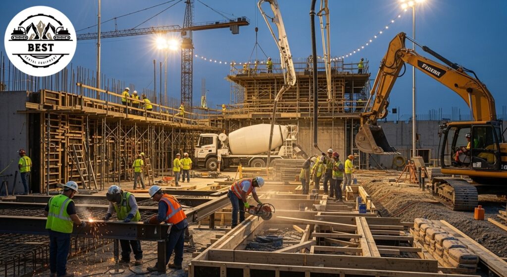 Construction site showing multiple trades