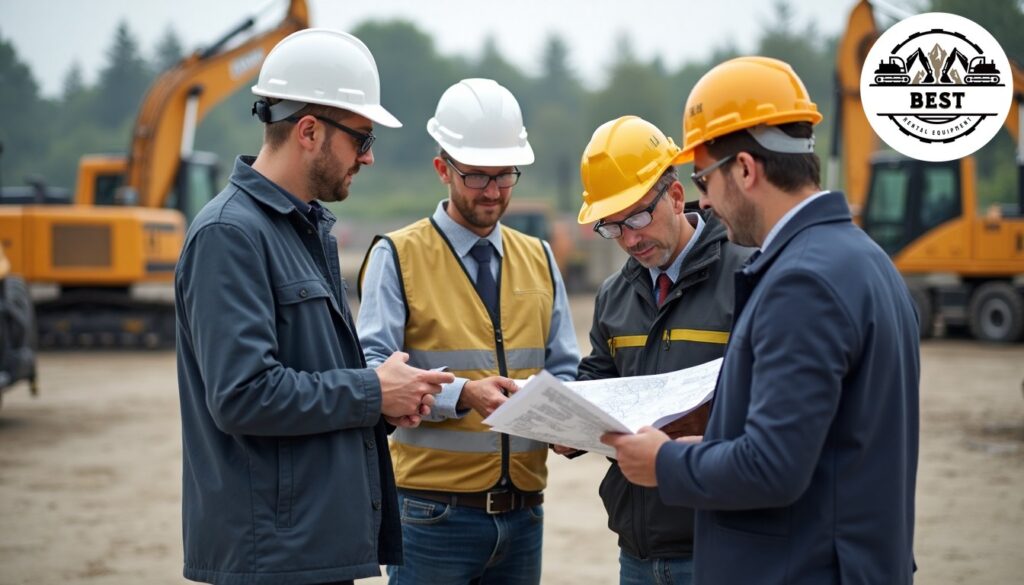 Diverse group of contractors examining equipment options at rental yard