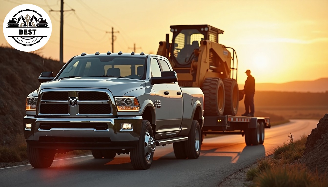 Dodge RAM 3500 truck towing a goose-neck trailer that is carrying a skid steer loader