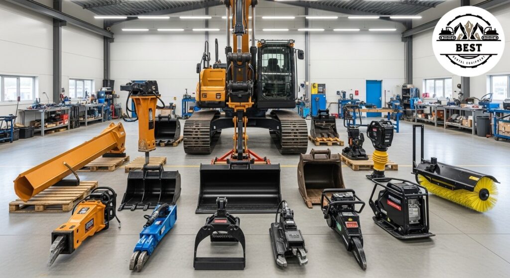 Excavator base unit surrounded by various specialized attachments