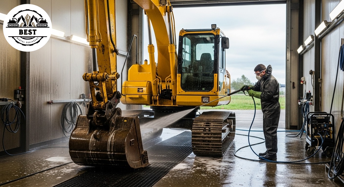 Pressure washing station with small excavator