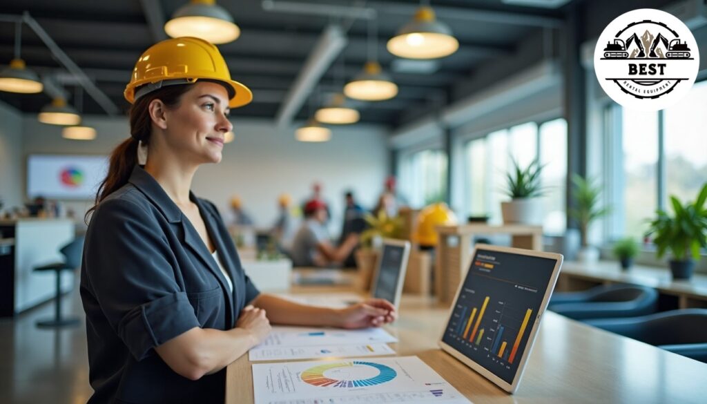 Clean, modern construction equipment rental office with visible pricing boards and comparison charts