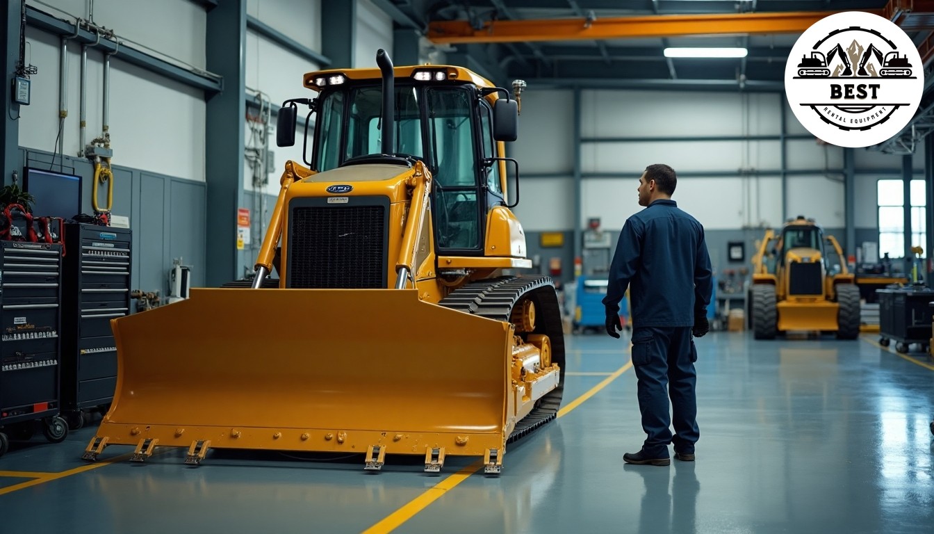 Clean, well-organized service bay with technician performing maintenance on rental equipment