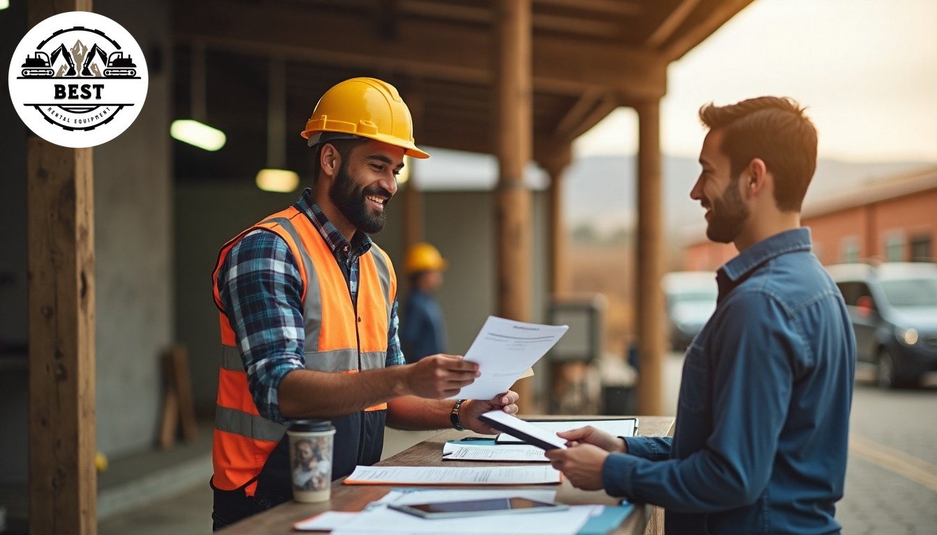 Happy contractor receiving discount paperwork at construction equipment rental counter