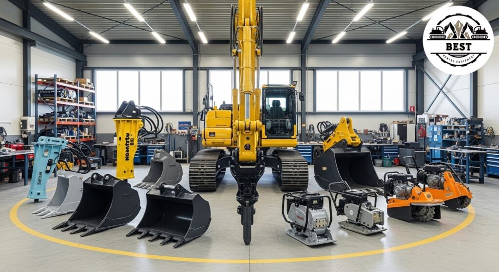Excavator base unit surrounded by various specialized attachments