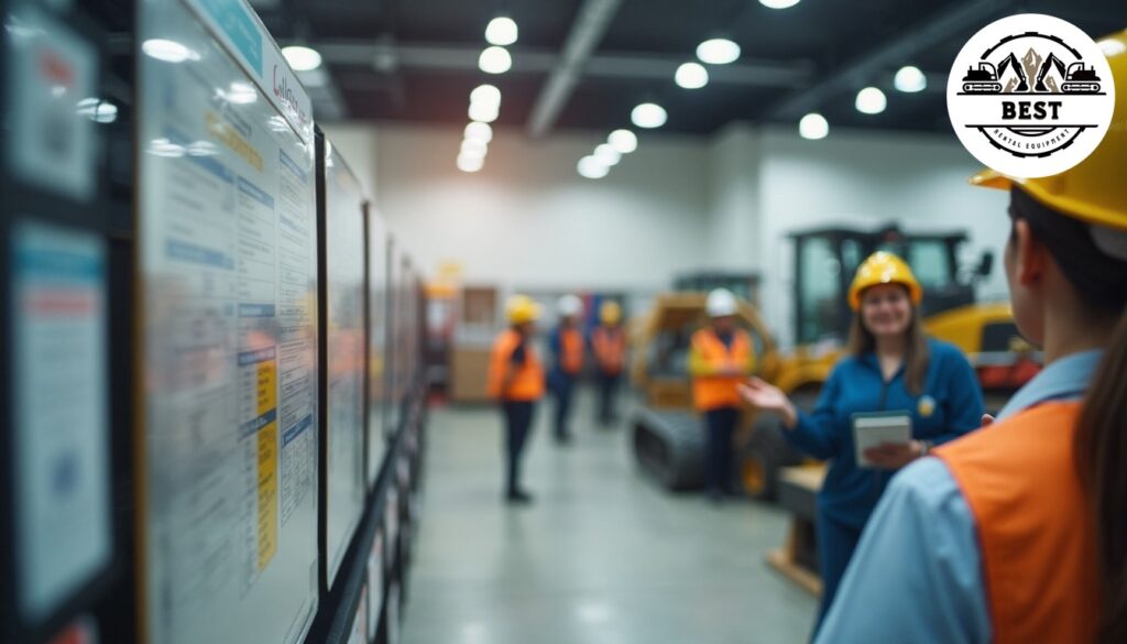 Clean, modern construction equipment rental office with visible pricing boards and comparison charts