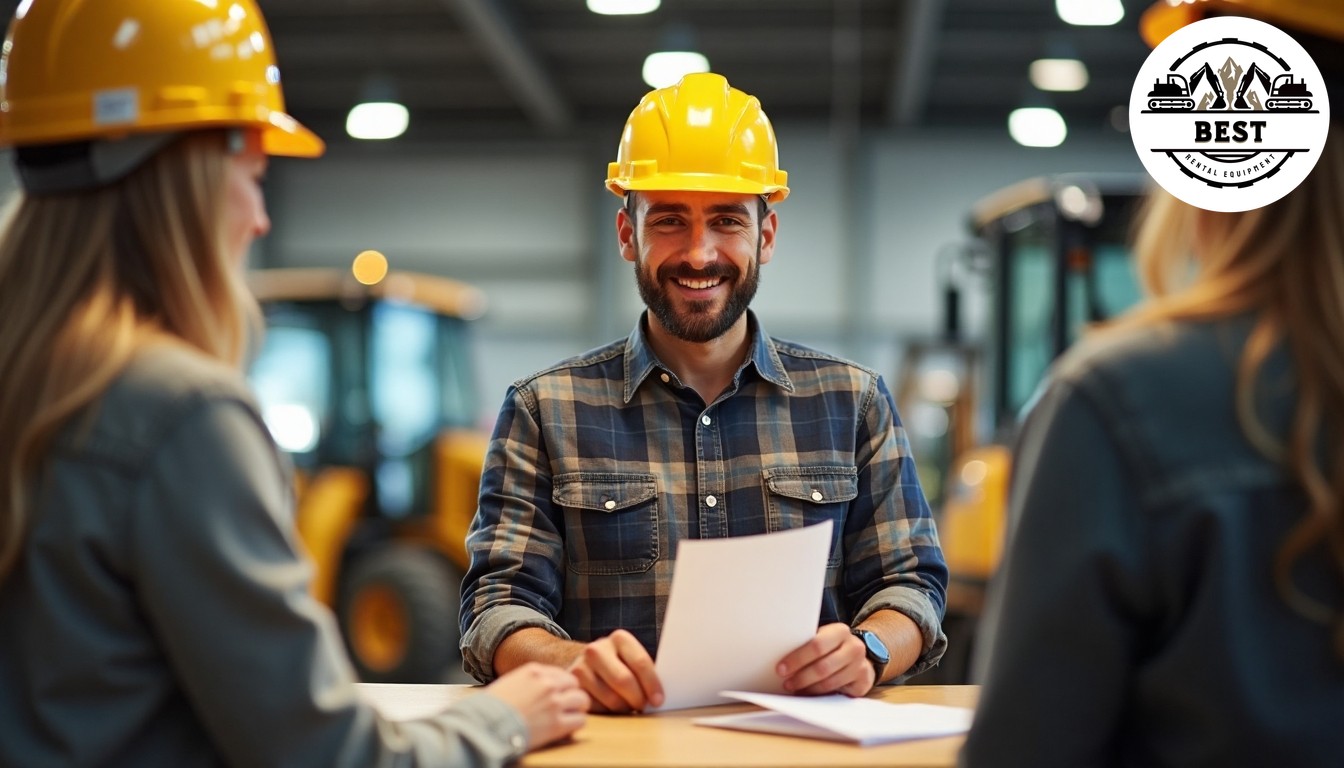 Happy contractor receiving discount paperwork at construction equipment rental counter