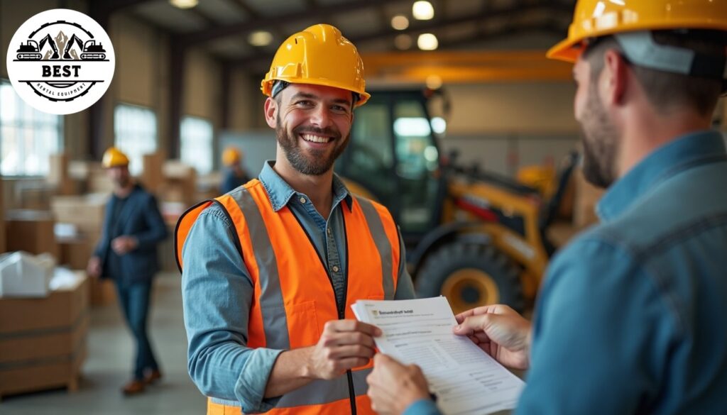 Happy contractor receiving discount paperwork at construction equipment rental counter