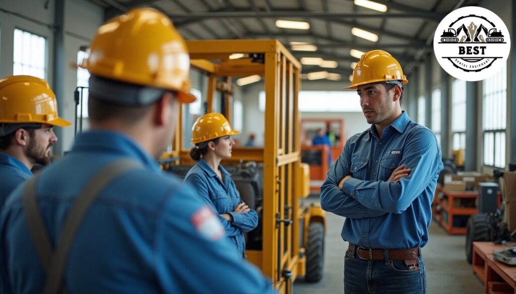 Instructor showing proper equipment operation techniques to group of workers