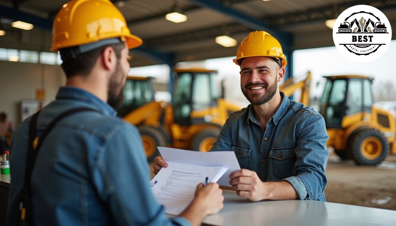 Happy contractor receiving discount paperwork at construction equipment rental counter