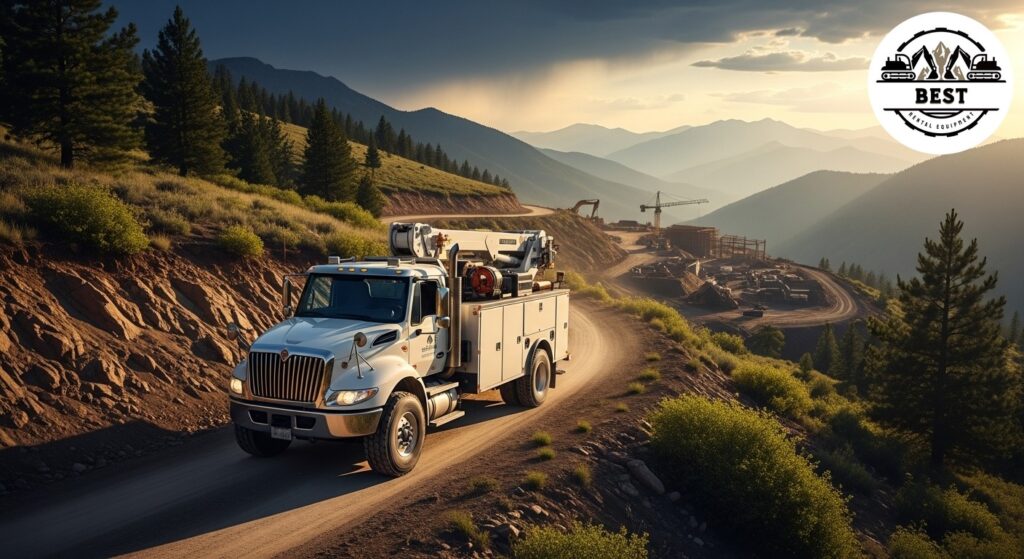 Service truck navigating rural mountain road