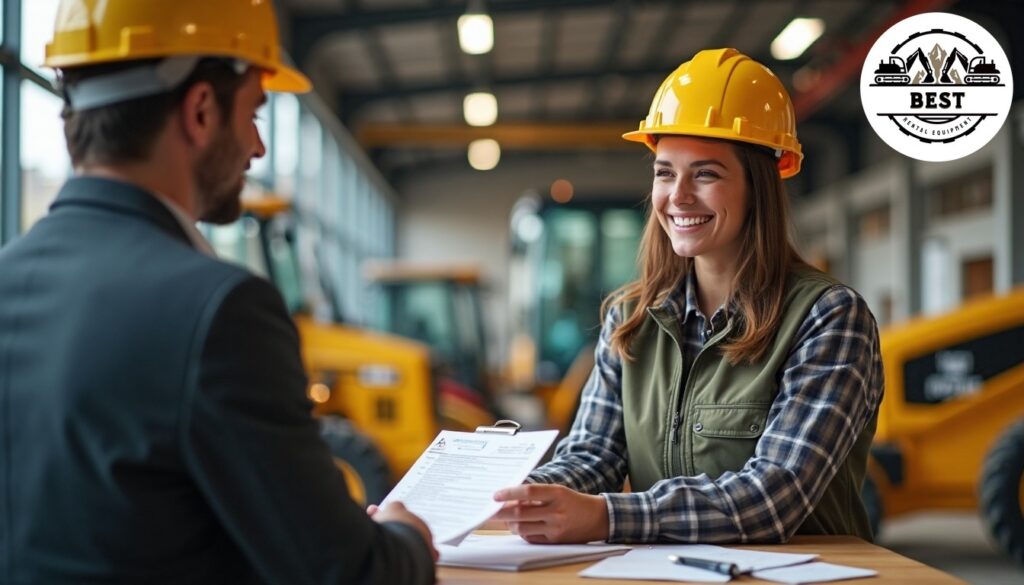Happy contractor receiving discount paperwork at construction equipment rental counter