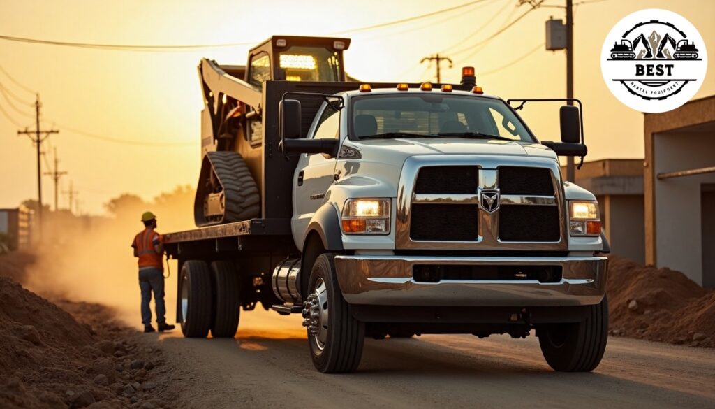 Dodge RAM 3500 truck towing a goose-neck trailer that is carrying a skid steer loader