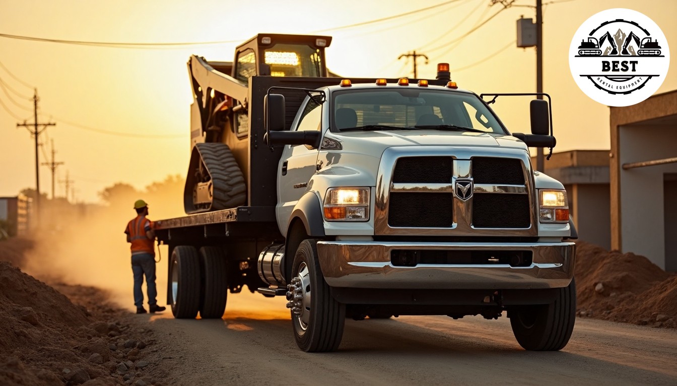 Dodge RAM 3500 truck towing a goose-neck trailer that is carrying a skid steer loader