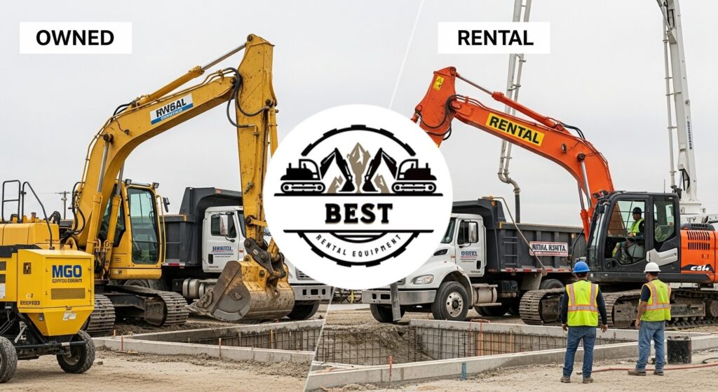 Split-screen view showing owned equipment on left and rental equipment on right