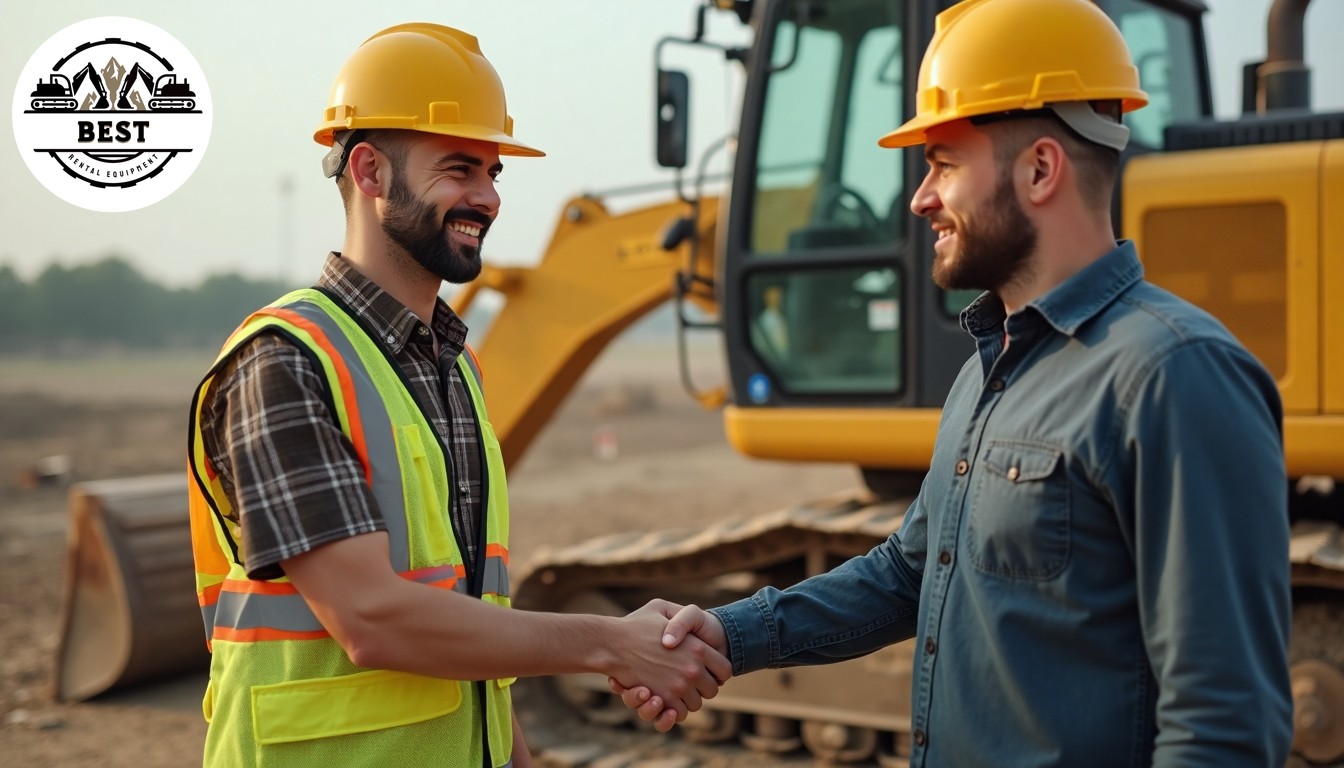 Professional contractor in hard hat shaking hands with equipment rental representative.