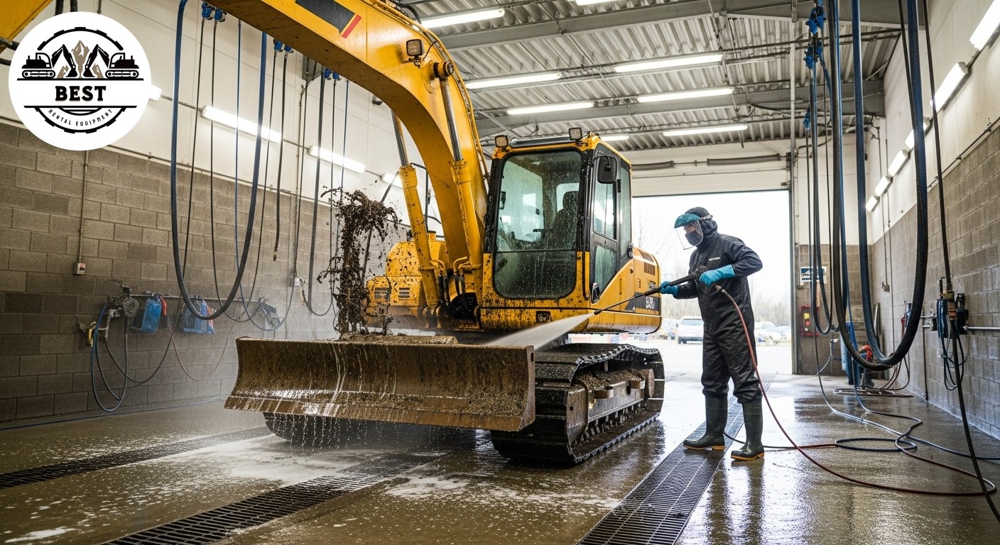 Pressure washing station with small excavator