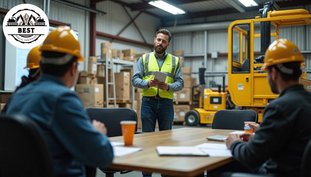 Instructor showing proper equipment operation techniques to group of workers