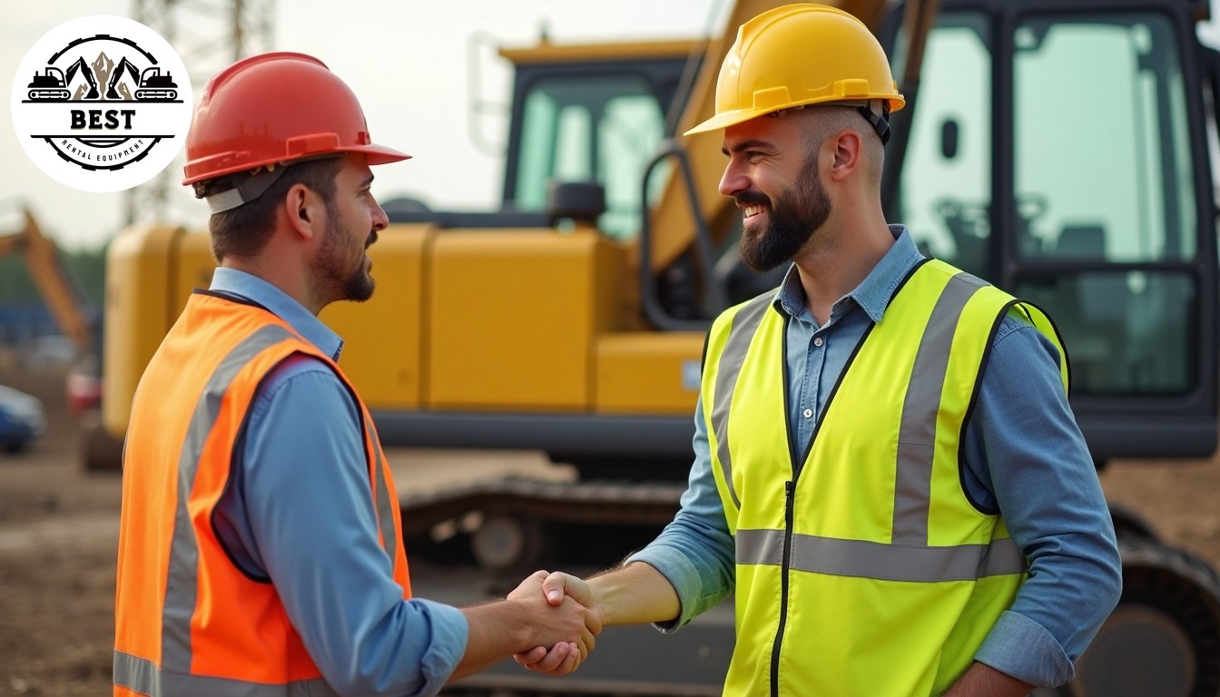 Professional contractor in hard hat shaking hands with equipment rental representative.