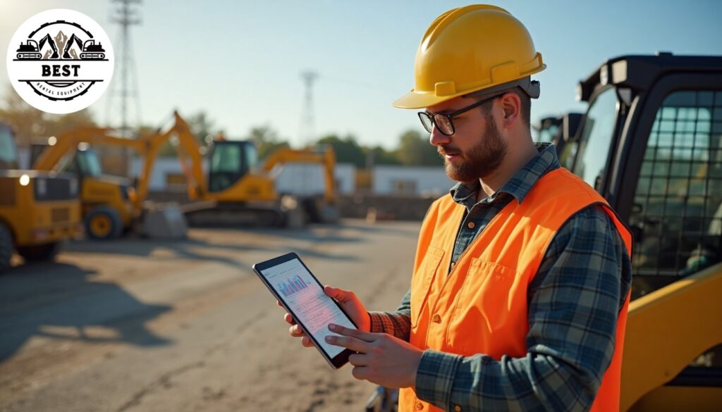 Knowledgeable rental expert pointing to different machine specifications on tablet while standing next to telehandler, organized equipment yard background, natural daylight