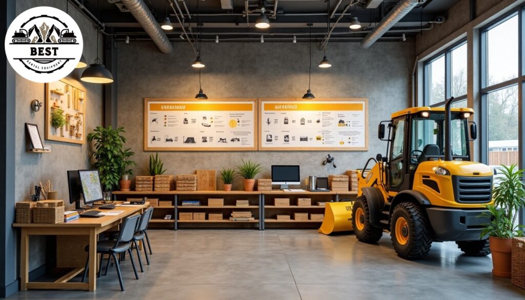 Clean, modern construction equipment rental office with visible pricing boards and comparison charts