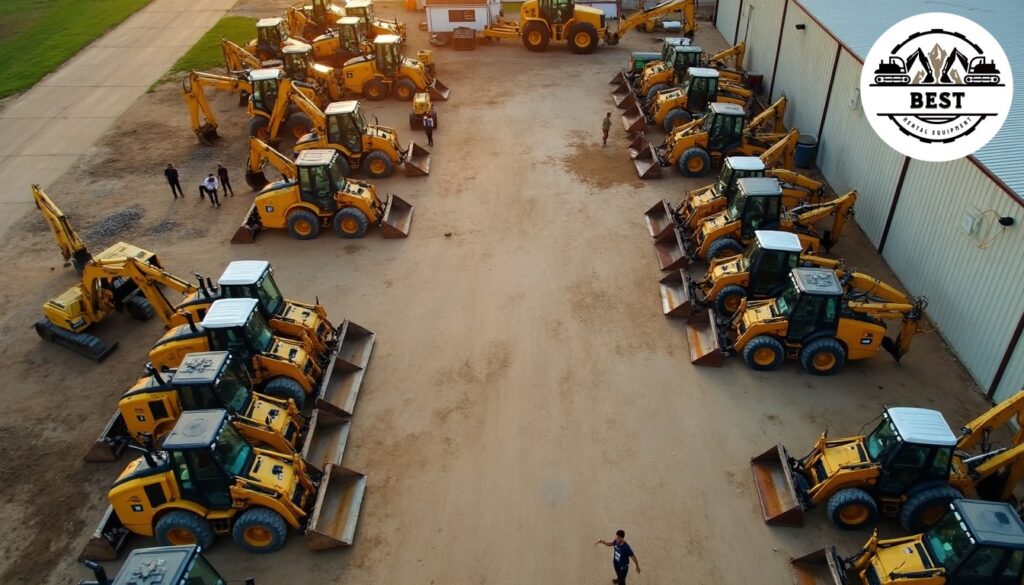 Aerial view of a small, well-organized construction equipment yard