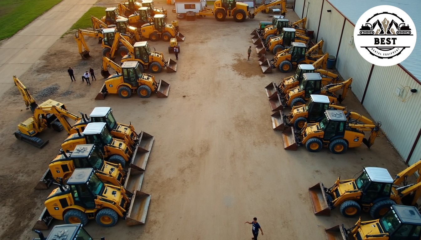 Aerial view of a small, well-organized construction equipment yard