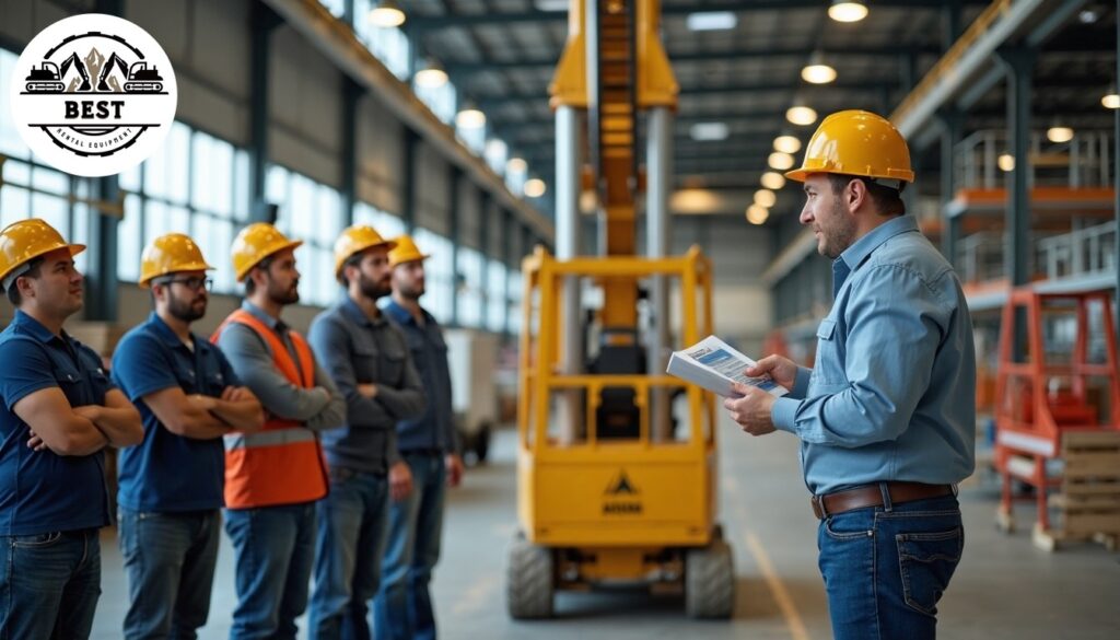 Instructor showing proper equipment operation techniques to group of workers