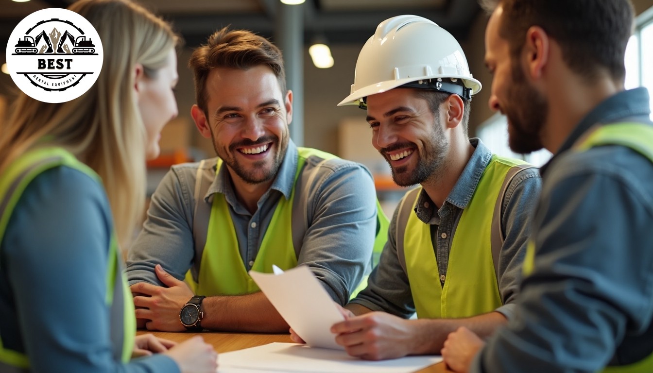 Happy contractor receiving discount paperwork at construction equipment rental counter