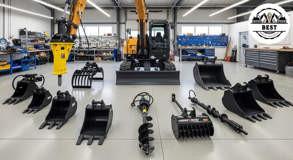 Excavator base unit surrounded by various specialized attachments