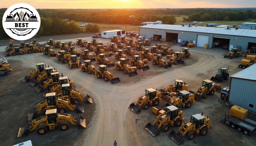 Aerial view of a small, well-organized construction equipment yard