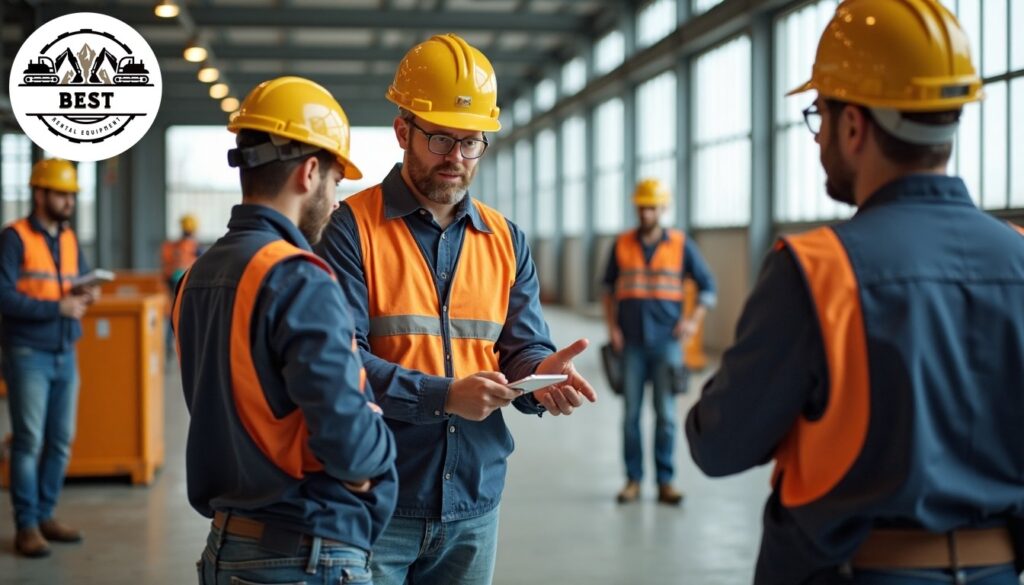 Instructor showing proper equipment operation techniques to group of workers