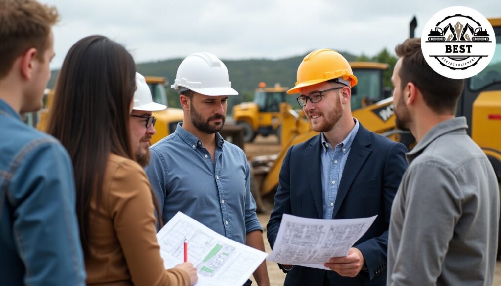 Diverse group of contractors examining equipment options at rental yard