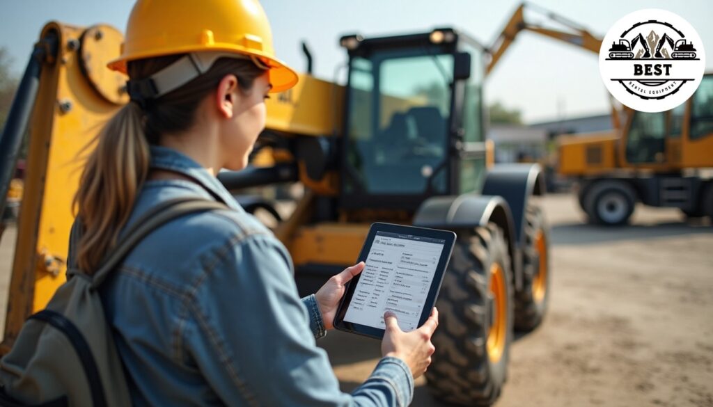 Knowledgeable rental expert pointing to different machine specifications on tablet while standing next to telehandler, organized equipment yard background, natural daylight