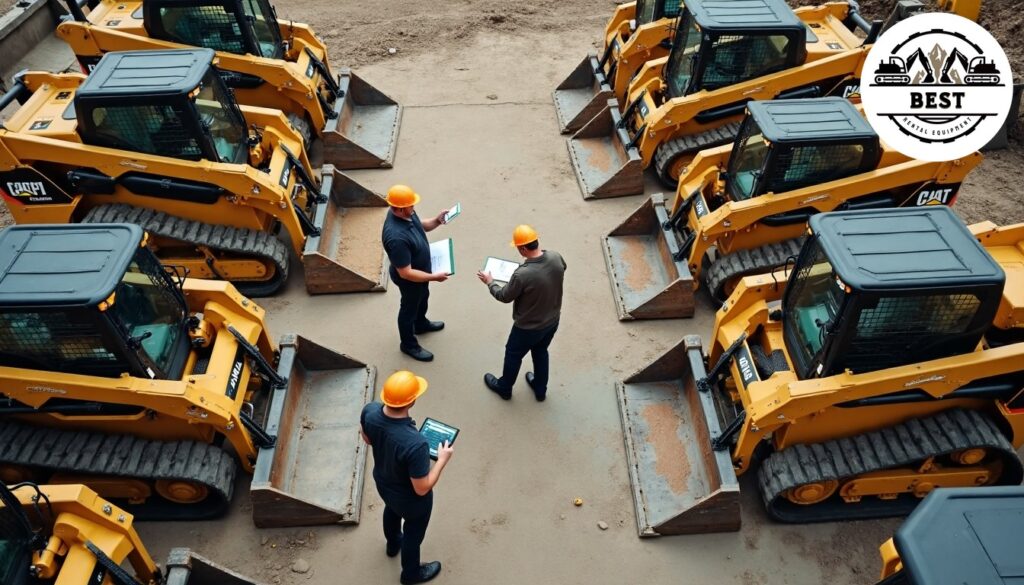 Organized construction equipment yard with color-coded sections