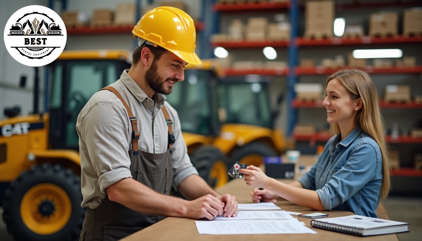 Happy contractor receiving discount paperwork at construction equipment rental counter