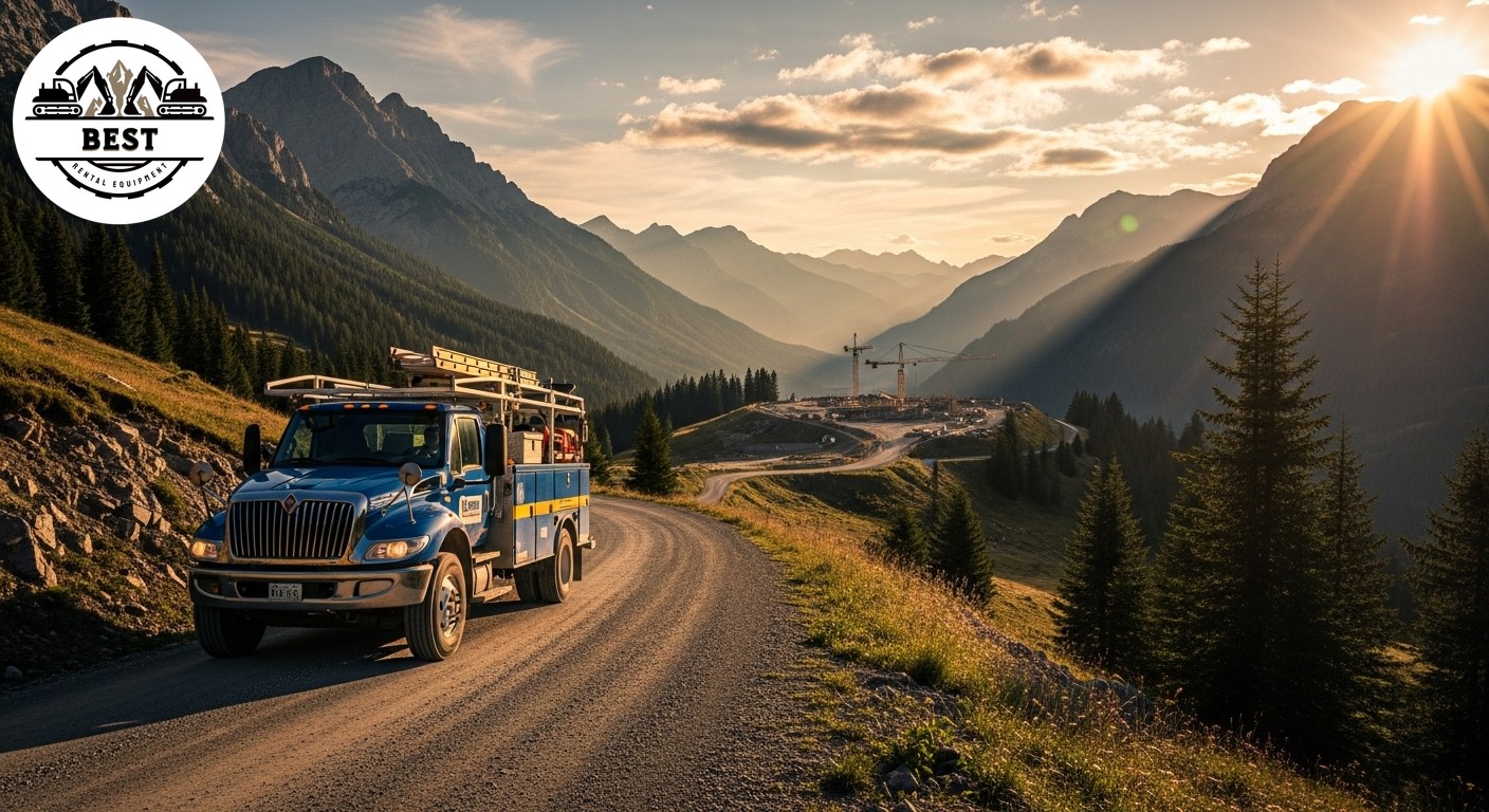 Service truck navigating rural mountain road