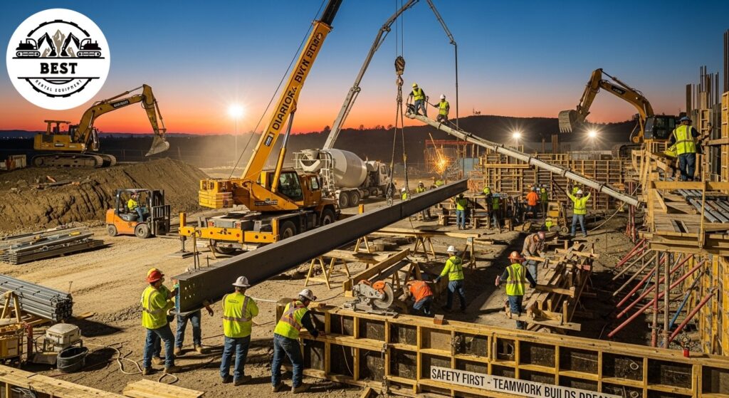 Construction site showing multiple trades