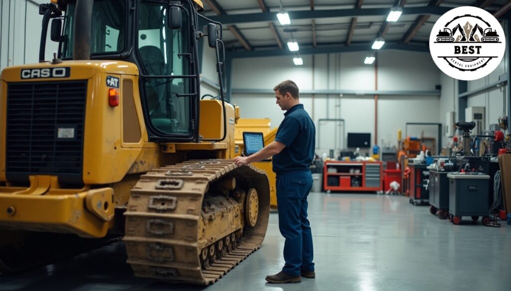 Clean, well-organized service bay with technician performing maintenance on rental equipment