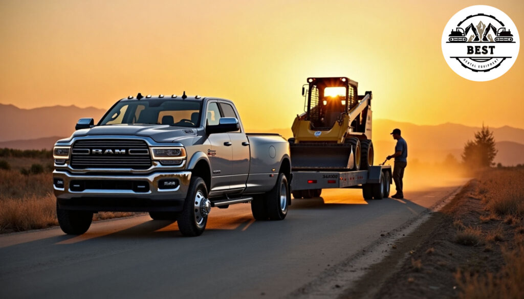 Dodge RAM 3500 truck towing a goose-neck trailer that is carrying a skid steer loader
