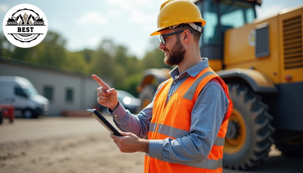 Knowledgeable rental expert pointing to different machine specifications on tablet while standing next to telehandler, organized equipment yard background, natural daylight